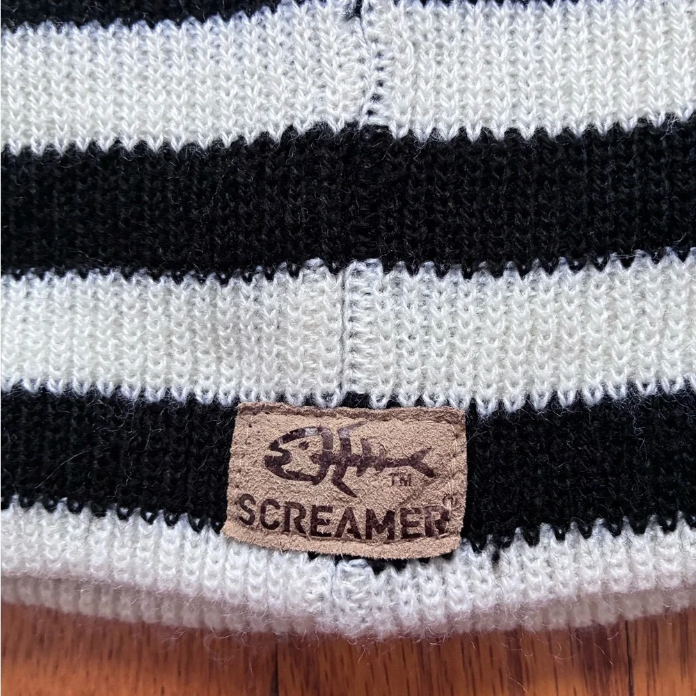 Striped Black and White Balaclava with Red Accents
